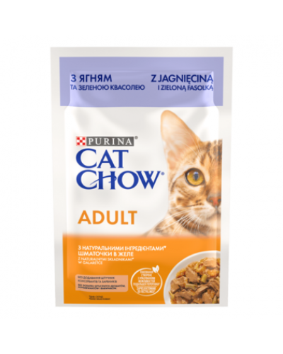 Cat Chow Ніжні шматочки з ягням та зеленою квасолею в желе для котів, 85 г