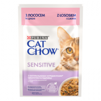 Cat Chow Sensitive для взрослых кошек с чувствительным пищеварением, с лососем и цукини в соусе, 85 г