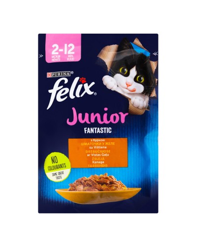 Felix Junior Fantastic (Фелікс Фантастік), вологий корм для кошенят з куркою, шматочки у желе, 85 г