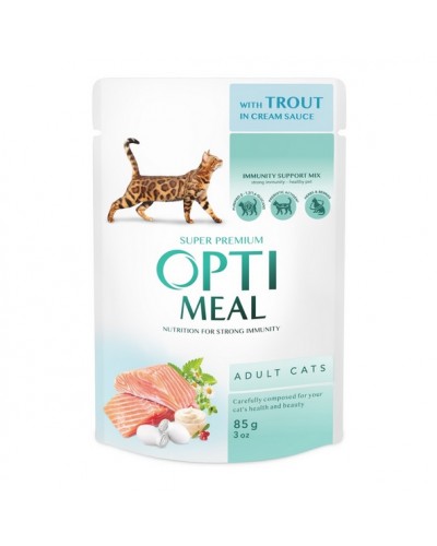 Optimeal, вологий корм з фореллю в кремовому соусі для дорослих котів, 85 г