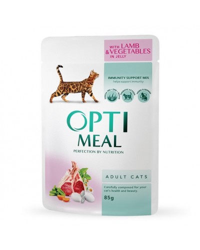Optimeal, вологий корм з ягням та овочами у желе для дорослих котів, 85 г