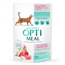 Optimeal, беззерновий вологий корм з ягням та індичим філе у соусі для дорослих котів із чутливим травленням, 85 г