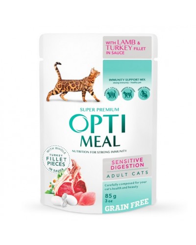 Optimeal, беззерновий вологий корм з ягням та індичим філе у соусі для дорослих котів із чутливим травленням, 85 г