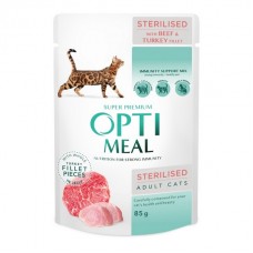 Optimeal, вологий корм з яловичиною та індичим філе у желе для стерилізованих кішок та кастрованих котів, 85 г