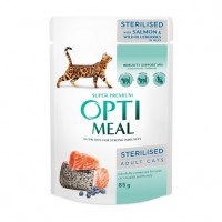 Optimeal, вологий корм з лососем та чорницею в желе для стерилізованих кішок та кастрованих котів, 85 г