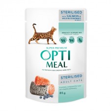 Optimeal, вологий корм з лососем та чорницею в желе для стерилізованих кішок та кастрованих котів, 85 г
