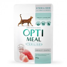 Optimeal, вологий корм з індичкою та курячим філе в соусі для стерилізованих кішок та кастрованих котів, 85 г