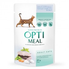 Optimeal, вологий корм з тріскою та овочами в желе для дорослих котів, 85 г