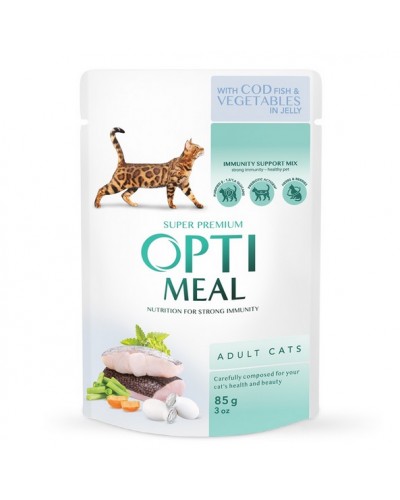 Optimeal, вологий корм з тріскою та овочами в желе для дорослих котів, 85 г