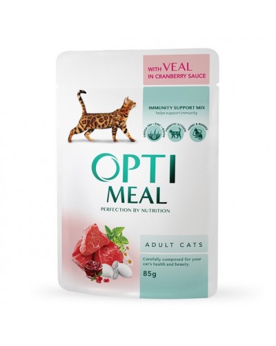 Optimeal, вологий корм з телятиною в журавлиному соусі для дорослих котів, 85 г