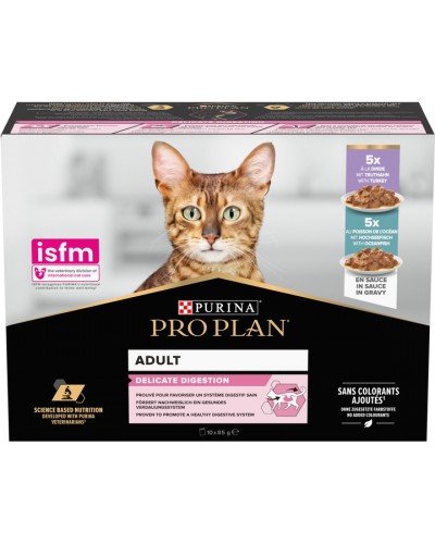 Purina Pro Plan Delicate Digestion MULTIPACK, вологий корм для котів з чутливим травленням, з індичкою 5 шт + з рибою 5 шт, паучі, 10х85 г