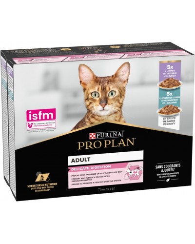 Purina Pro Plan Delicate Digestion MULTIPACK, вологий корм для котів з чутливим травленням, з індичкою 5 шт + з рибою 5 шт, паучі, 10х85 г