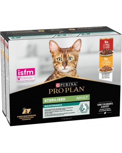 Purina Pro Plan Sterilised MULTIPACK, вологий корм для стерилізованих котів, з куркою 5 шт + з яловичиною 5 шт, паучі, 10х85 г