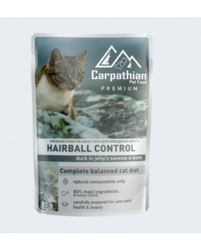 Carpathian Pet Food «Hairball Control», вологий корм для дорослих котів, для виведення шерсті, качка в желе, 80 г