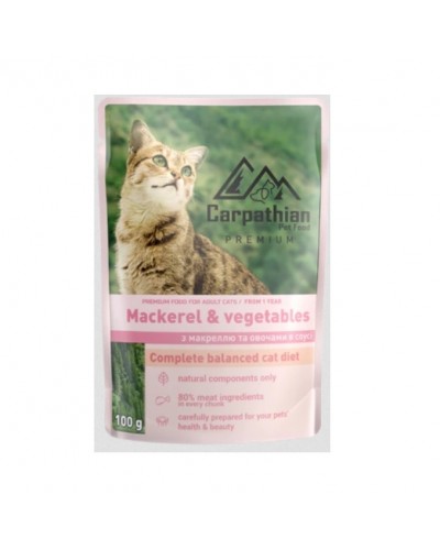 Carpathian Pet Food «Mackerel & vegetables», вологий корм для котів з макреллю та овочами в соусі, 100 г