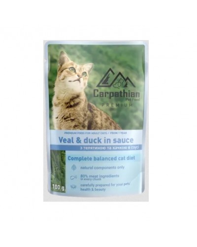 Carpathian Pet Food "Veal & duck in sauce", вологий корм для котів з телятиною та качкою в соусі, 100 г