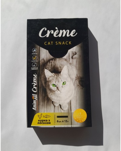 Ласощі для котів AnimAll Creme: крем-пюре з куркою та лососем, 6 стіків по 15 г