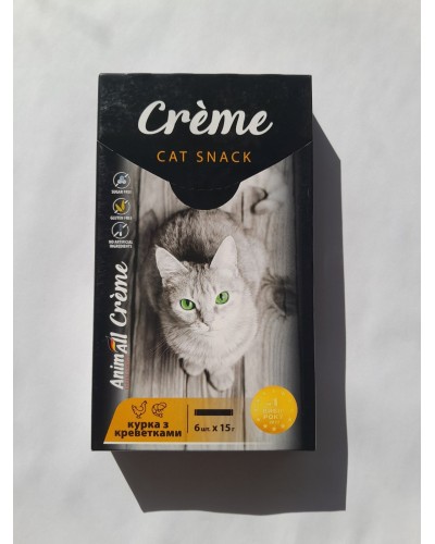 Ласощі для котів AnimAll Creme: крем-пюре з куркою та креветками, 6 стіків по 15 г