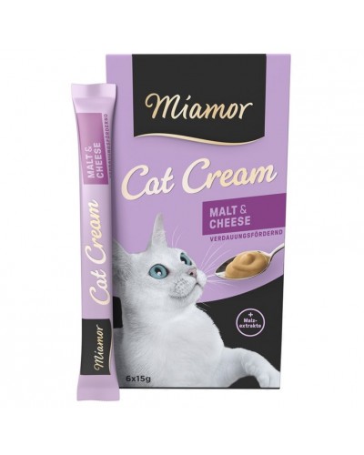 Miamor Cat Cream Malt & Cheese, кремові ласощі для котів, сир, з мальтозною пастою для виведення шерсті, 6 стіків по 15 г