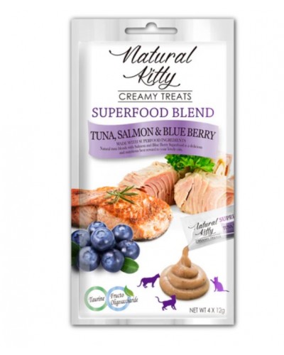 Ласощі для котів Natural Kitty Creamy Treats Superfood Blend: лосось, тунець і чорниця, в желе, 4 стіки по 12 г