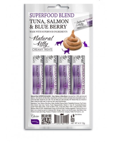 Ласощі для котів Natural Kitty Creamy Treats Superfood Blend: лосось, тунець і чорниця, в желе, 4 стіки по 12 г