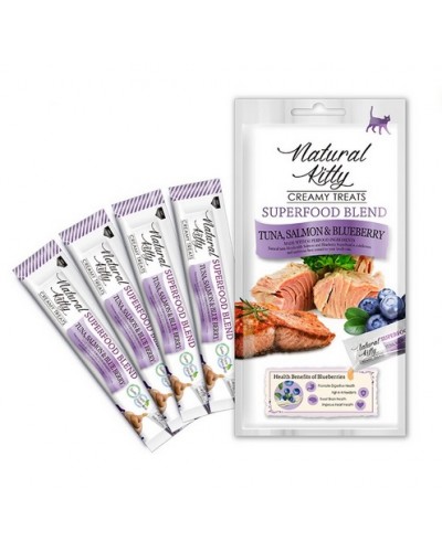 Ласощі для котів Natural Kitty Creamy Treats Superfood Blend: лосось, тунець і чорниця, в желе, 4 стіки по 12 г