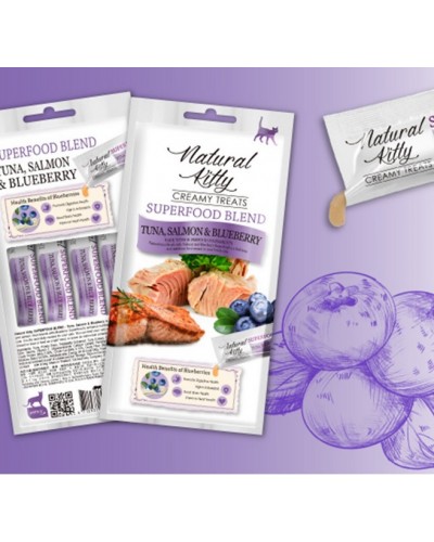 Ласощі для котів Natural Kitty Creamy Treats Superfood Blend: лосось, тунець і чорниця, в желе, 4 стіки по 12 г