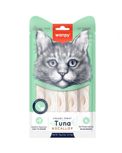  Wanpy Creamy Lickable Treats Tuna & Scallop, кремові ласощі для котів, з тунцем і морським гребінцем, 5 стіків по 14 г