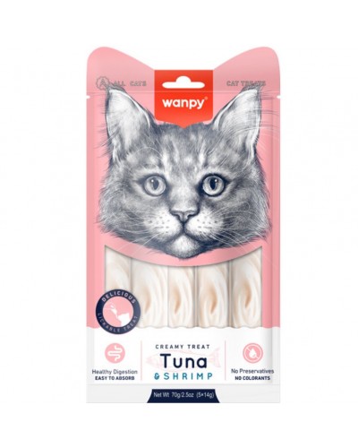  Wanpy Creamy Lickable Treats Tuna & Shrimp, кремові ласощі для котів, з тунцем і креветками, 5 стіків по 14 г