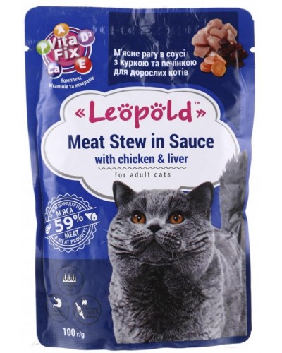 Леопольд, вологий корм для котів, м'ясне рагу з куркою та печінкою в соусі, 100 г