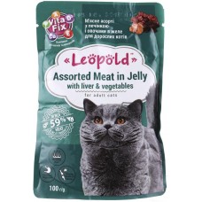 Леопольд, вологий корм для котів, асорті з печінкою і овочами в желе, 100 г