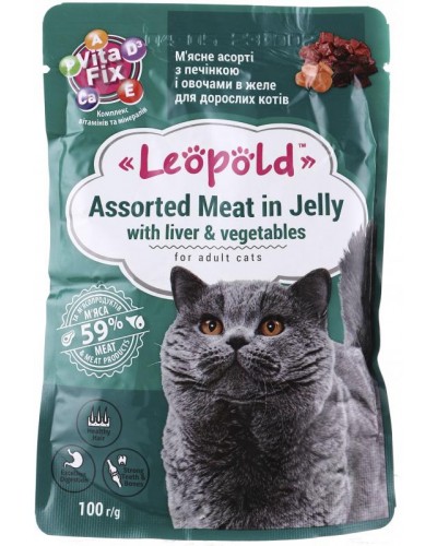 Леопольд, вологий корм для котів, асорті з печінкою і овочами в желе, 100 г