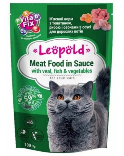 Леопольд, вологий корм для котів, м'ясний корм з телятиною та рибою з овочами в соусі, 100 г