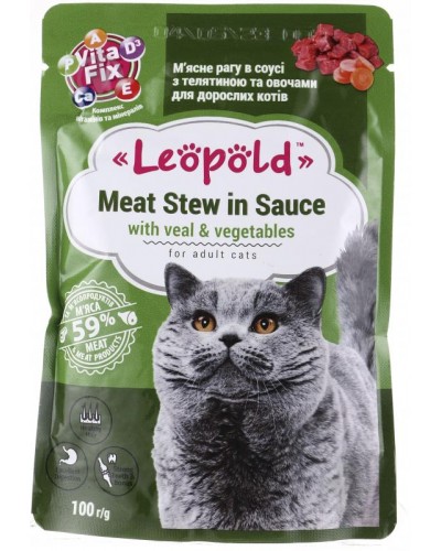 Леопольд, вологий корм для котів, м'ясне рагу з телятиною та овочами в соусі, 100 г