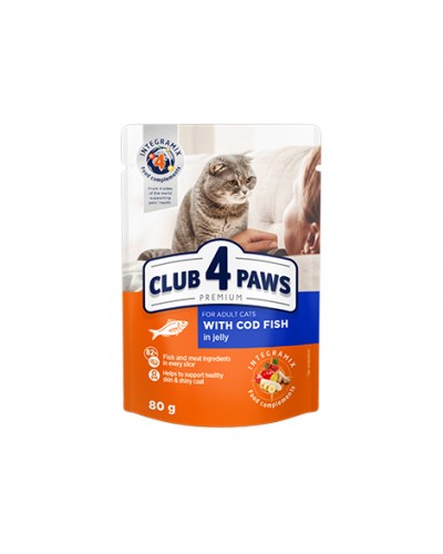  Club 4 Paws Premium (Клуб 4 Лапи Преміум), вологий корм для дорослих котів, з тріскою в желе, 80 г