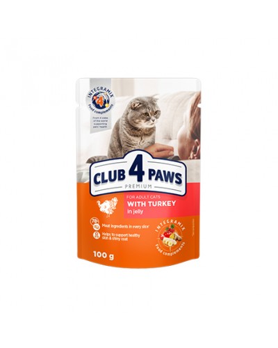  Club 4 Paws Premium (Клуб 4 Лапи Преміум), вологий корм для дорослих котів, з індичкою в желе, 100 г