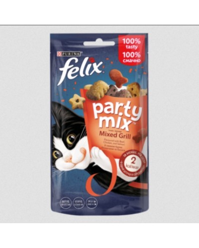 Felix PARTY MIX Гриль Мікс. Додатковий сухий корм (ласощі) для дорослих котів зі смаком курки, яловичини та лосося. 60 г