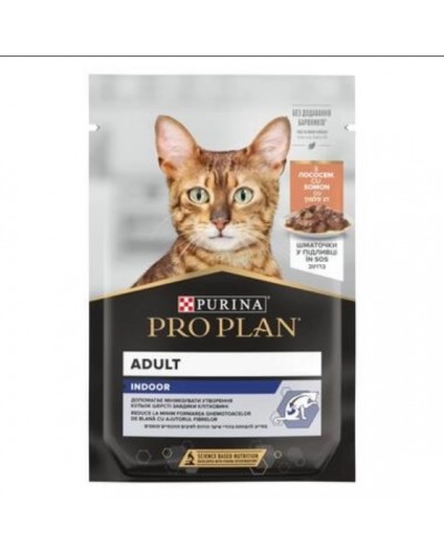 Purina Pro Plan Adult Indoor, вологий корм для домашніх котів, з лососем, шматочки у підливці, пауч, 85 г