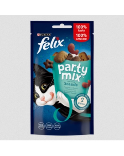Felix PARTY MIX Океанічний Мікс. Додатковий сухий корм (ласощі) для дорослих котів зі смаком лосося, форелі та минтаю. 60 г