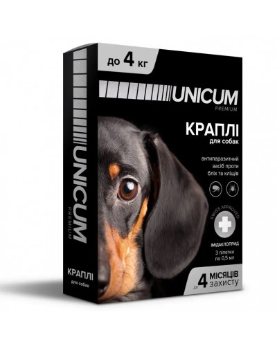 Краплі Unicum Premium від бліх та кліщів для собак вагою до 4 кг, 1 піпетка