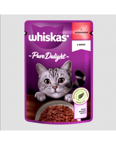 Whiskas Pure Delight (Віскас Пьюр Делайт), вологий корм для дорослих котів, з яловичиною, шматочки в желе, 85 г