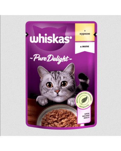 Whiskas Pure Delight (Віскас Пьюр Делайт), вологий корм для дорослих котів, з куркою, шматочки в желе, 85 г
