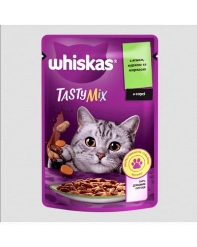 Whiskas Tasty Mix (Віскас Тесті Мікс), вологий корм для дорослих котів, з ягням, куркою та морквою в соусі, 85 г