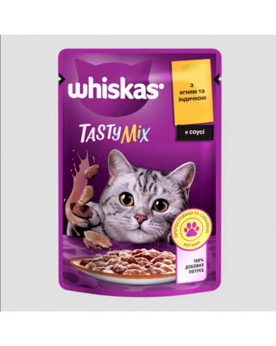Whiskas Tasty Mix (Віскас Тесті Мікс), вологий корм для дорослих котів, з ягням та індичкою в соусі, 85 г